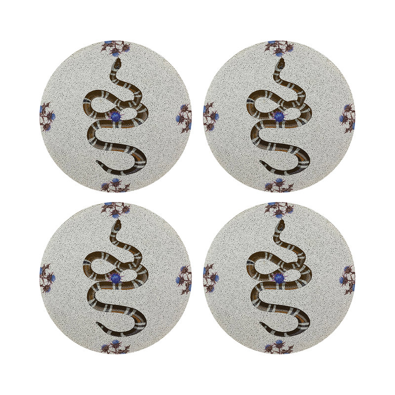 Thistle And Snake Vegan Leather Round Pebble Placemat, Blue White