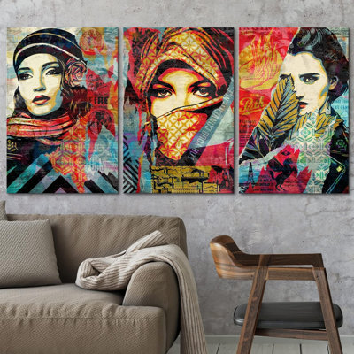 Peinture en aérosol, femmes du Moyen-Orient, graffiti et art urbain, art moderne coloré, portrait urbain, 3 pièces
