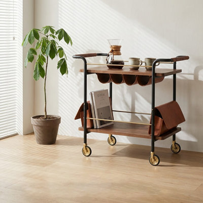 37.01" Minimalist Iron Rolling Trolley, Double-Layer Bar Cart with Leather Storage Pockets, Silent Universal Casters Light Luxury Mobile Wine Storage