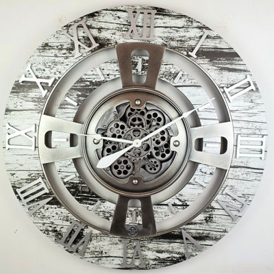 Wall Clock 36"" Oversized for Living Room decor with Real Moving Gears England Collection -  The Gears Clock, TGC_EN-LI_36-R_Grey-White