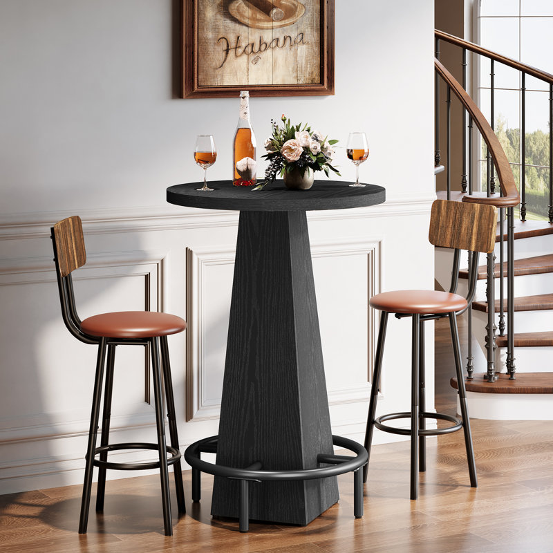 37.4" H Round Dining Table, Counter Height Kitchen Table Bar Table With Footrest, Black