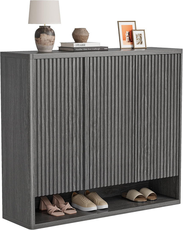 46-inch Wooden Shoe Cabinet with Fluted Door & Adjustable Shelves, Holds 30-35 Pairs for Entryway, Gray