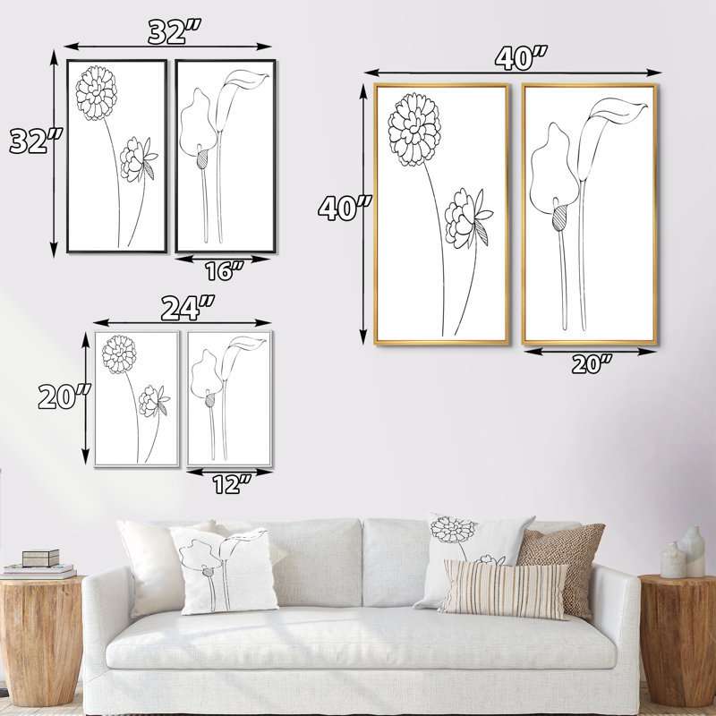 «Black and White Line Flowers I», ensemble de 2 impressions, H 32 po x l 32 po x P 1 po, Cadre doré
