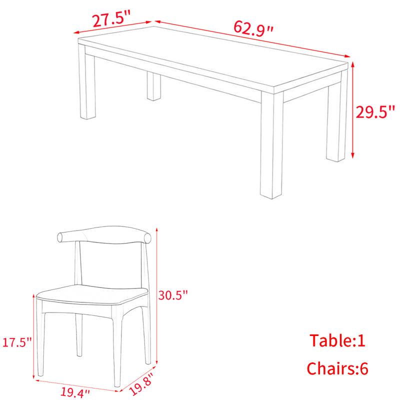 Modern simple solid wood dining table set., 29.5"H x 62.9"L x 27.5"W