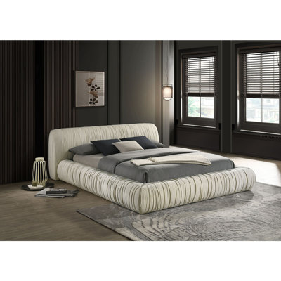 Lit plateforme tapissier contemporain de style plateforme en tissu de couleur ivoire 1pc