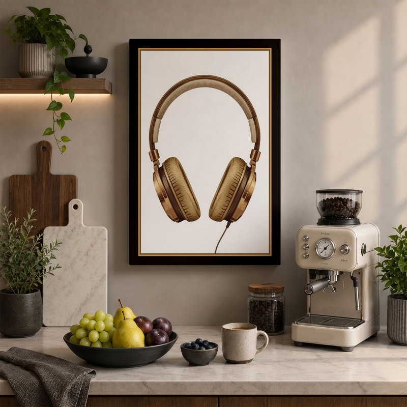 Brown Headphones Study Minimalist 1 Piece Wrapped Canvas Wall Art, 36x24 - 91.4 x 61.0 cm, Terracotta Border