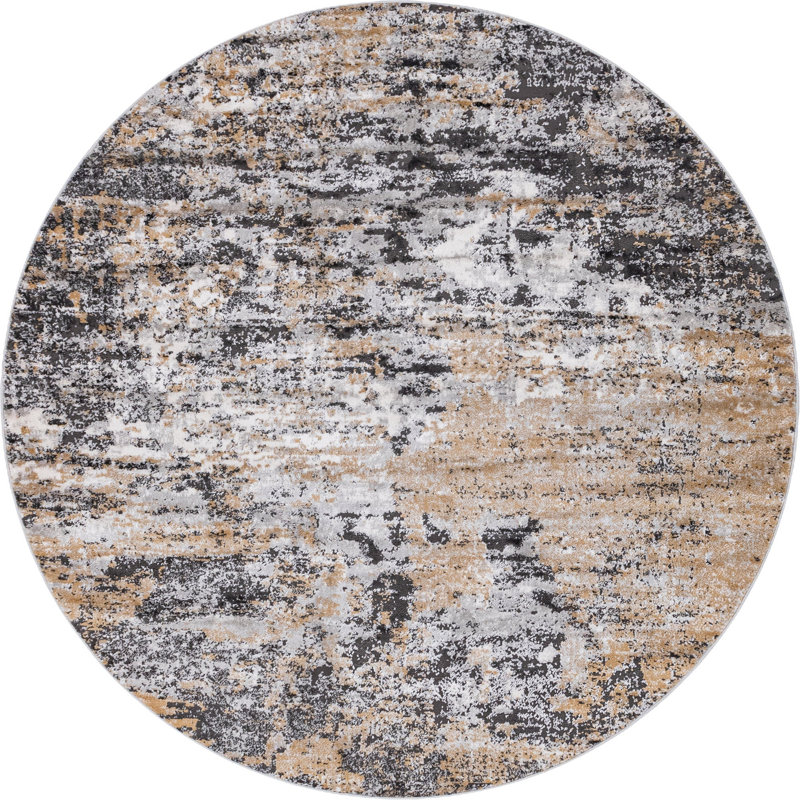 Tapis abstrait en polypropylène tissé à la machine Highdell en brun / noir / blanc, Rond 7 pi