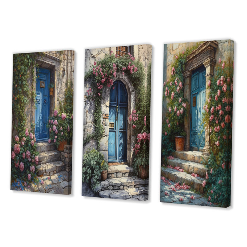 "Porte de jardin bleue et rose" - 3 pièces, Toile tendue, H 40 po x l 60 po
