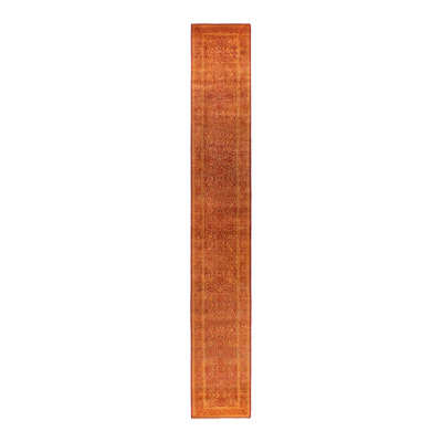 Tapis orange noué à la main de conception unique 2 pi 8 po x 19 pi 1 po Mogul