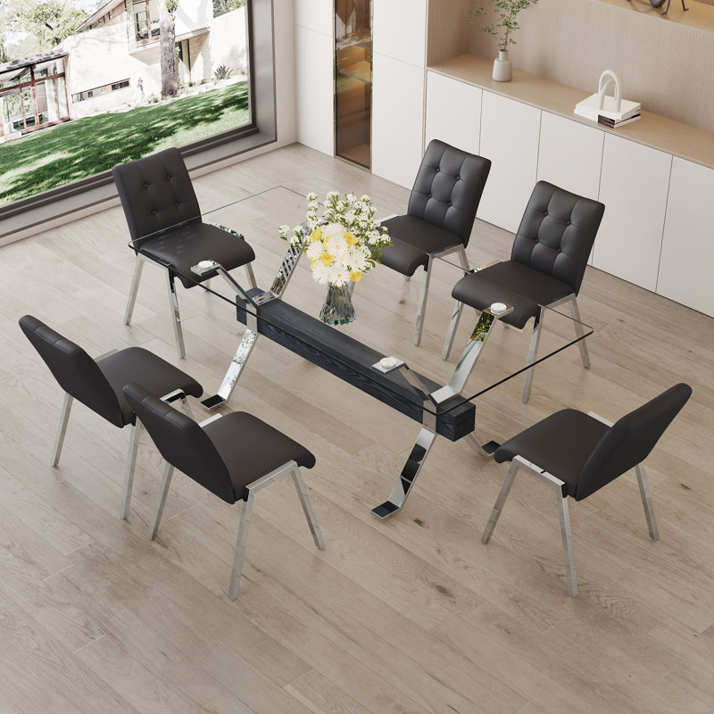 Ensemble de table de salle à manger, Noir, 7, Argent / noir