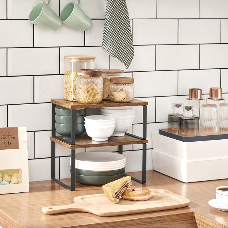 Ensemble de 2 tablettes de rangement pour armoire de cuisine, étagère à épices, empilable, extensible, métal et bois d'ingénierie, encre noire et brun rustique