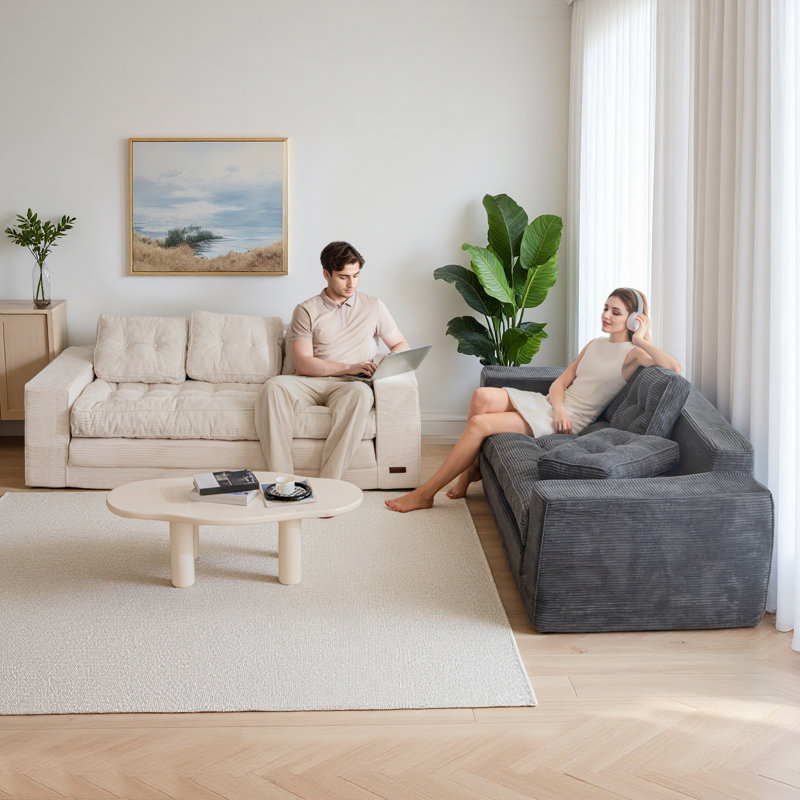 Canapé Bean Bag, causeuse de plancher, Velours côtelé beige, H 29,5 po x l 74,8 po x P 33,5 po
