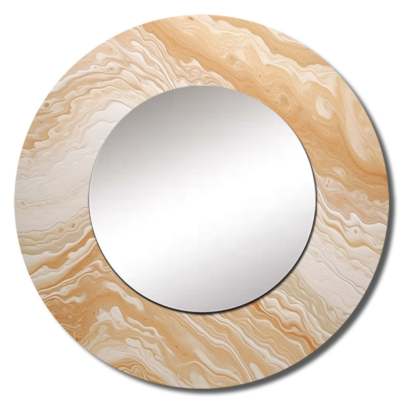 Crème marbré Melody II - miroir décoratif abstrait, grand miroir mural rond beige, impression d'art en métal, 29 po x 29 po