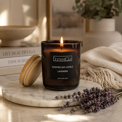 Domestique Luxury Scented Candle, 40-60 Hour Burn Time, Soy Wax Blend & Organic Cotton Wick, Glass Container with Gift Box, Cedarwood, 8 oz