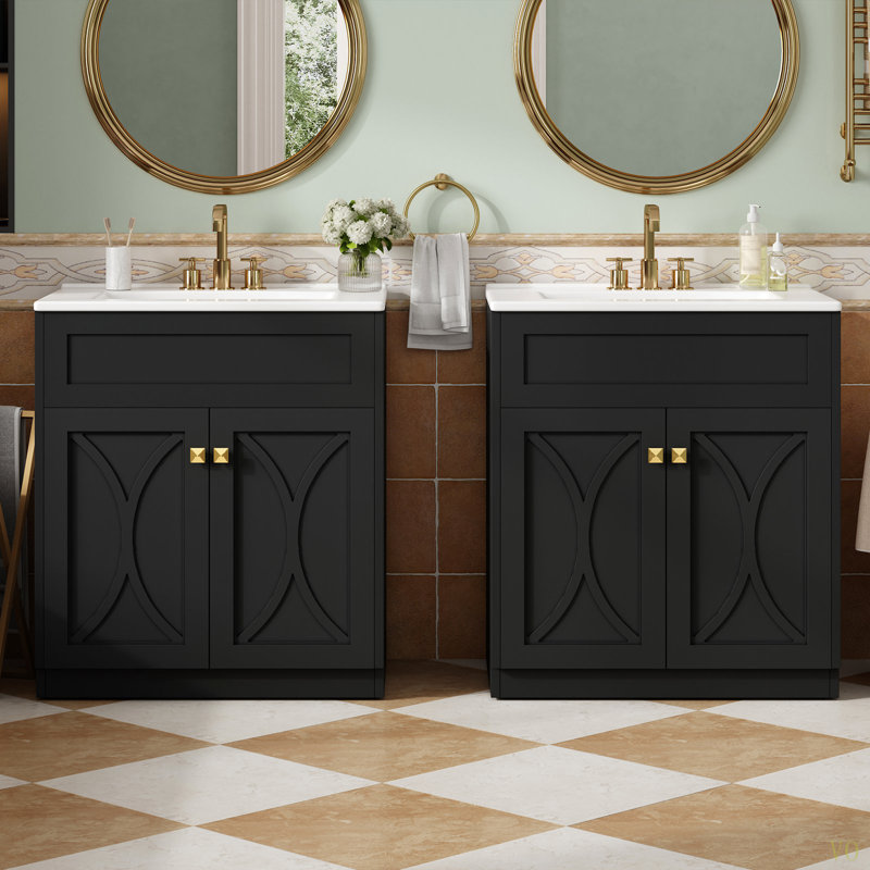 Meuble-lavabo 60 po avec lavabo en céramique, armoire de rangement autoportante moderne avec poignées, portes à fermeture douce