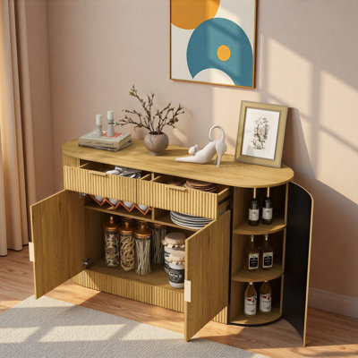 Buffet moderne avec 2 portes d'armoire, 2 tiroirs, poignées en aluminium, portes courbées avec ruban adhésif et tablettes latérales