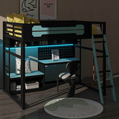 Full-Size Gaming Loft Bed With Desk And LED Lighting, Wooden Loft Bed With Built-In Storage Shelves