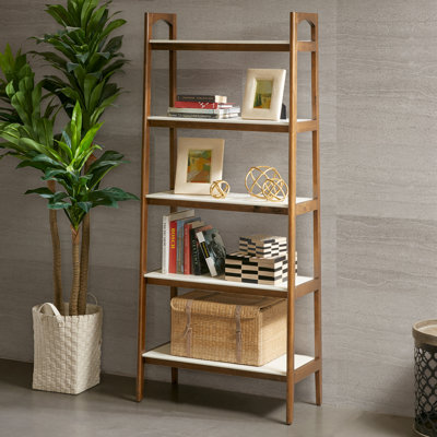 Parker Mid-Century Solid Wood Ladder Bookcase with Off-White Top
