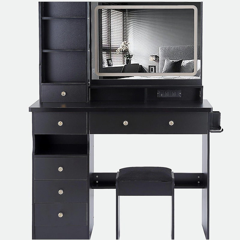 41" Large Size Left Drawer Desktop Vanity Table+Cushioned Stool Dresser Set, 2 AC+2 USB Power Station, Hair Dryer Stand, Extra Large Touch Control LED Mirror, 3-color Switch, EPA, GCC, UL Certificate