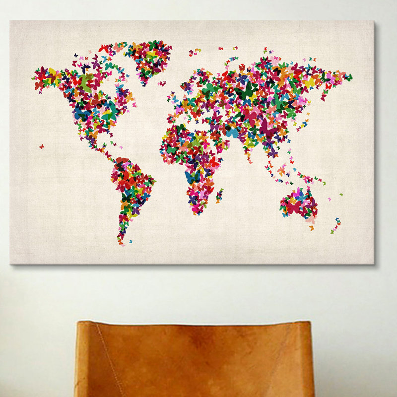 « papillons world map ii », impression sur toile, H 8 po x l 12 po x P 0,75 po, Toile tendue, Pas de tapis