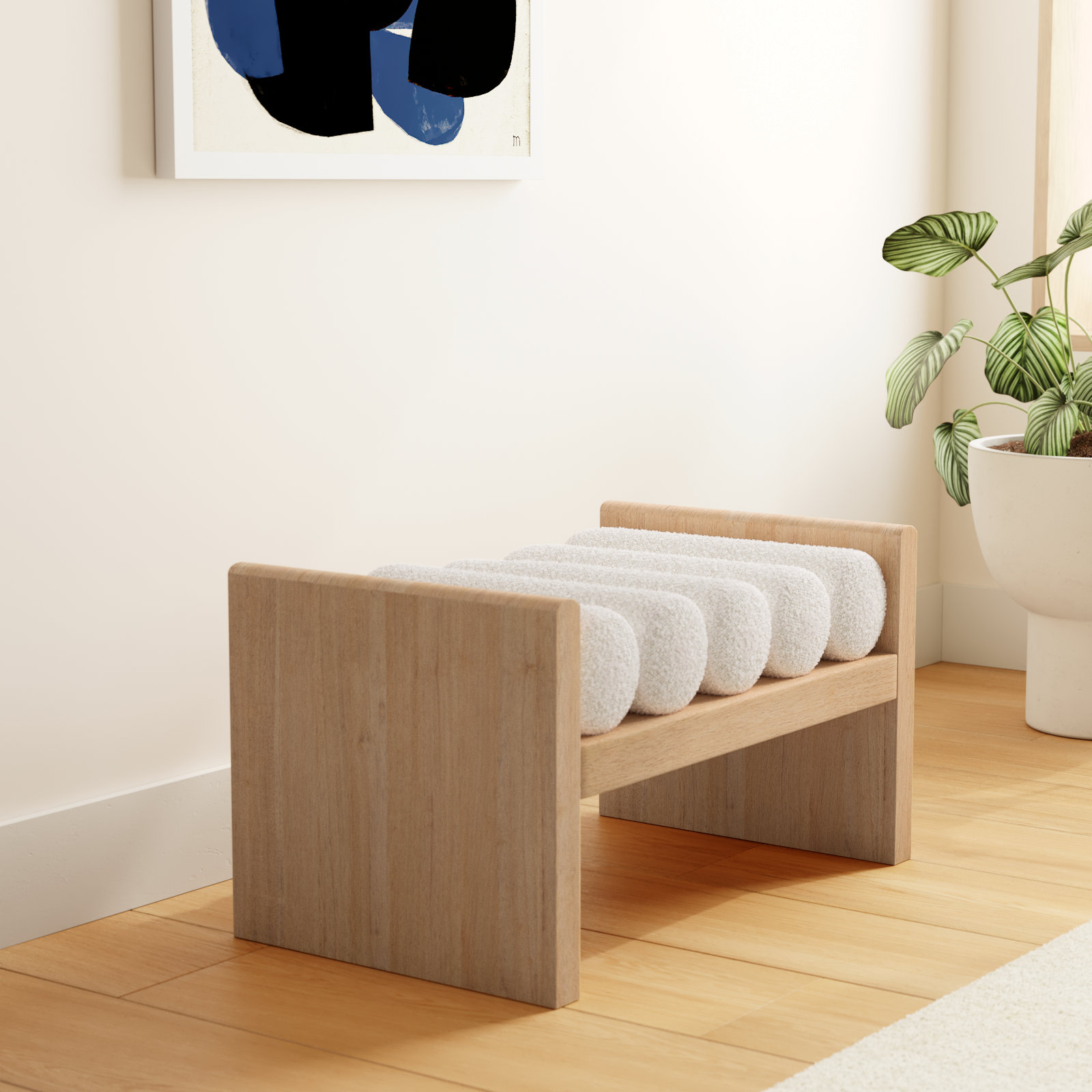 Waverly Bedroom Bench, 18" H x 32" W x 19" D, Cream Boucle Fabric / Natural Finish