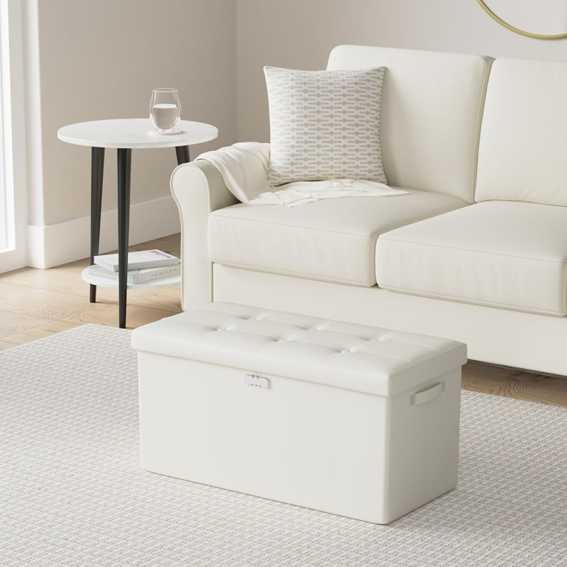 Storage Ottoman Bench,Fireproof Folding Bench With Lock,30 Inches  Fire&Water Resistant Storage Chest Foot Rest Stool Leather Bedroom Ottoman  Safe For