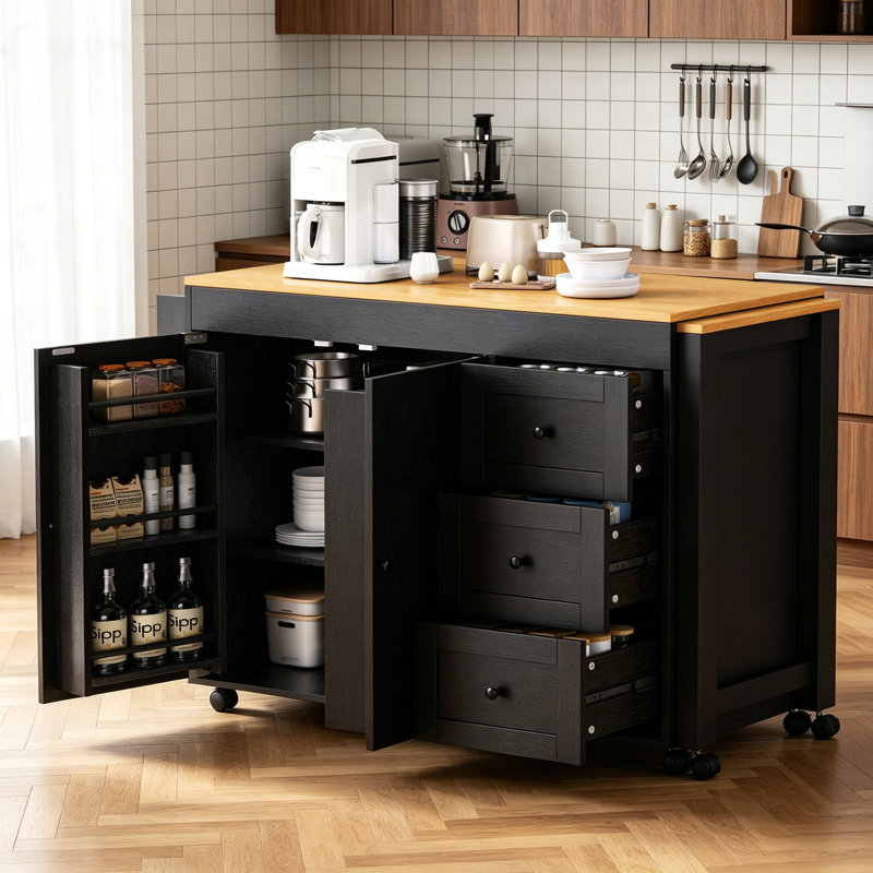 Îlot de cuisine 74,8 po avec table de salle à manger extensible, Black