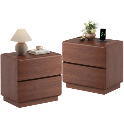 Nightstand Set Of 2 With Charging Station, 23.6" Modern End Table With 2 Drawers And Reinforced Thickened Base For Bedroom Living Room, Walnut