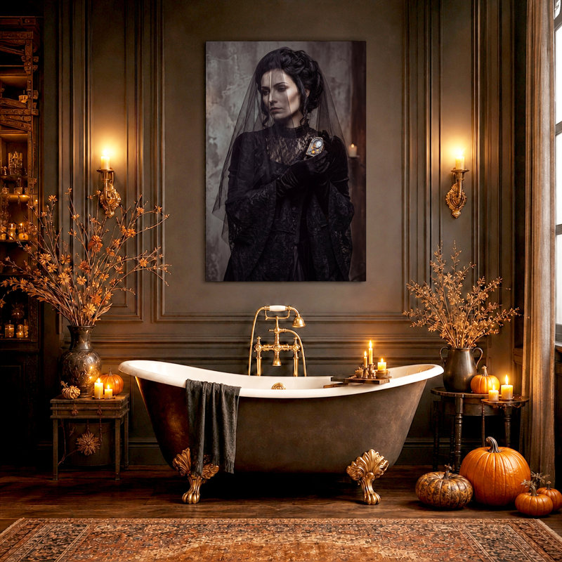 «Veiled Woman in Black Lace», art mural d'Halloween Steampunk, 48"H x 32"W