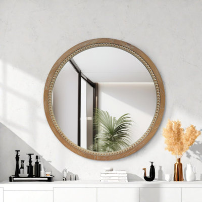Round Distressed Wood Beaded Wall Mirror, 23.62" Farmhouse Vintage Accent Mirror For Bathroom, Bedroom, Entryway, Rustic Decorative Mirror