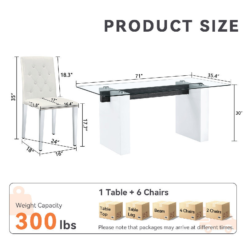 71" Modern Dining Table Set With PU Leather Chairs, Elegant Kitchen Table For Family Meals, White, 7 Pieces: Table, 6 Chairs