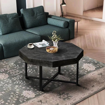 Table de salon octogonale en bois avec pieds en métal noir antique, table basse en bois rétro élégante, base
