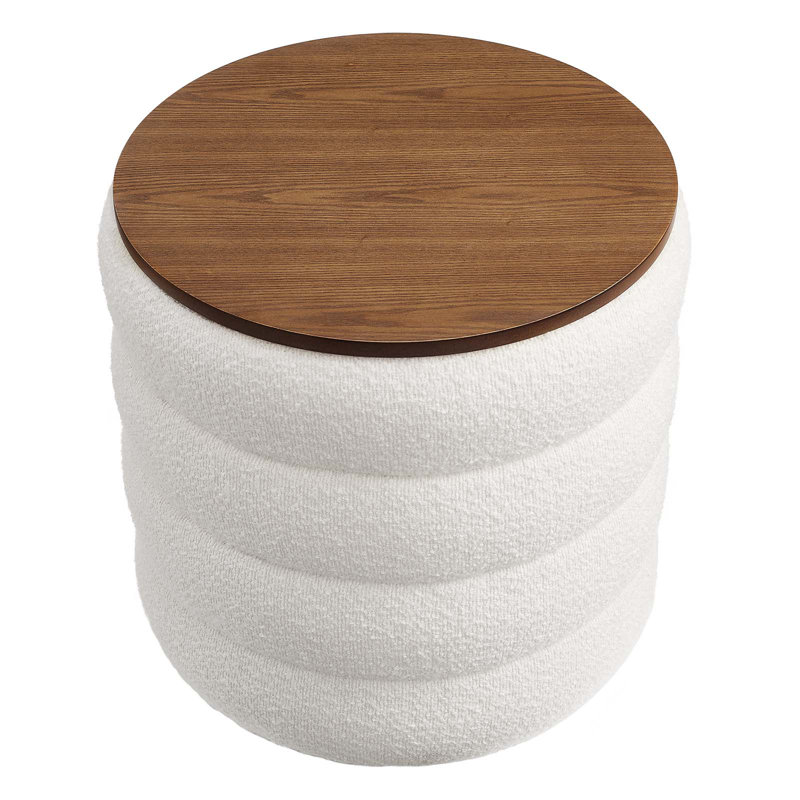 Cloud Boucle Fabric Round Storage Ottoman with Wood Grain Veneer Lid