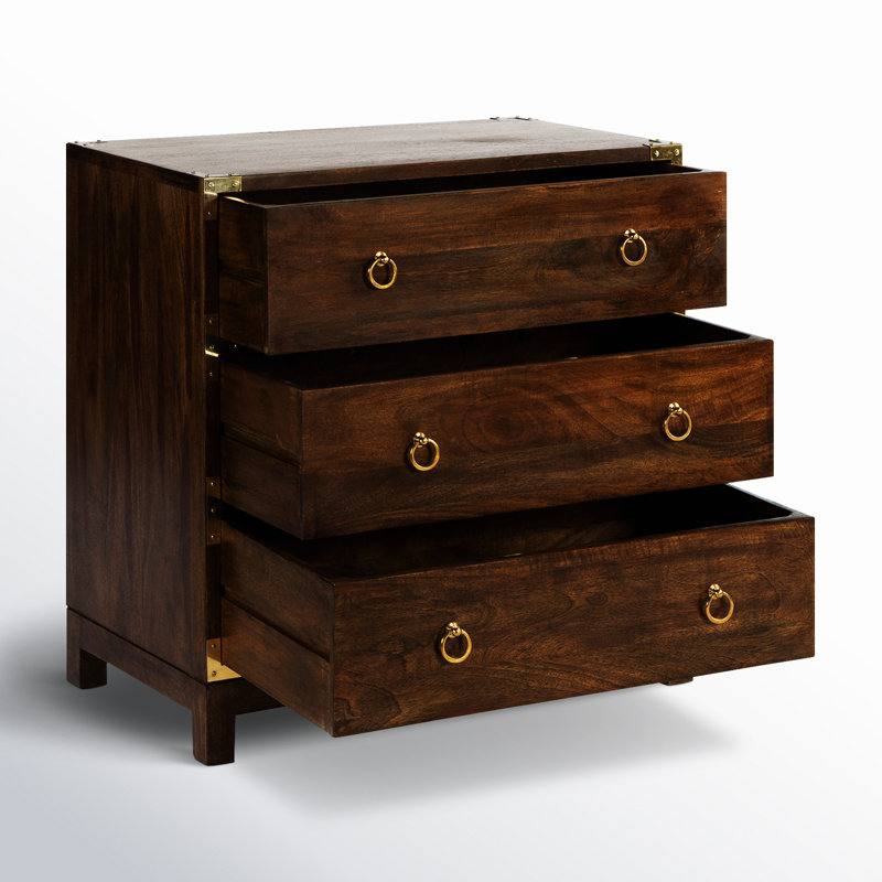 Aerial Wood 3-Drawer Accent Chest with Brass-Plated Corners and Ring Pulls, Brown