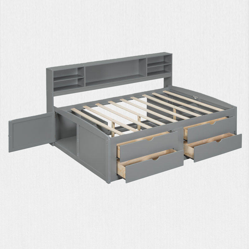 Lit double avec tiroir et tablette, gris