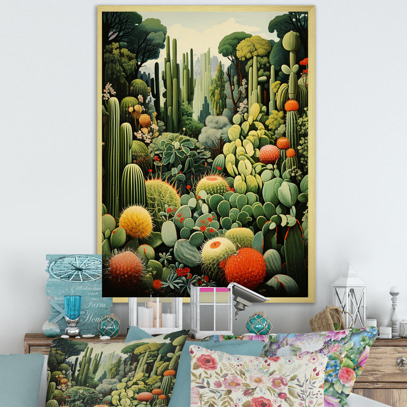 Cactus olive oasis sur toile, H 32 po x l 16 po x P 1 po, Cadre doré simple
