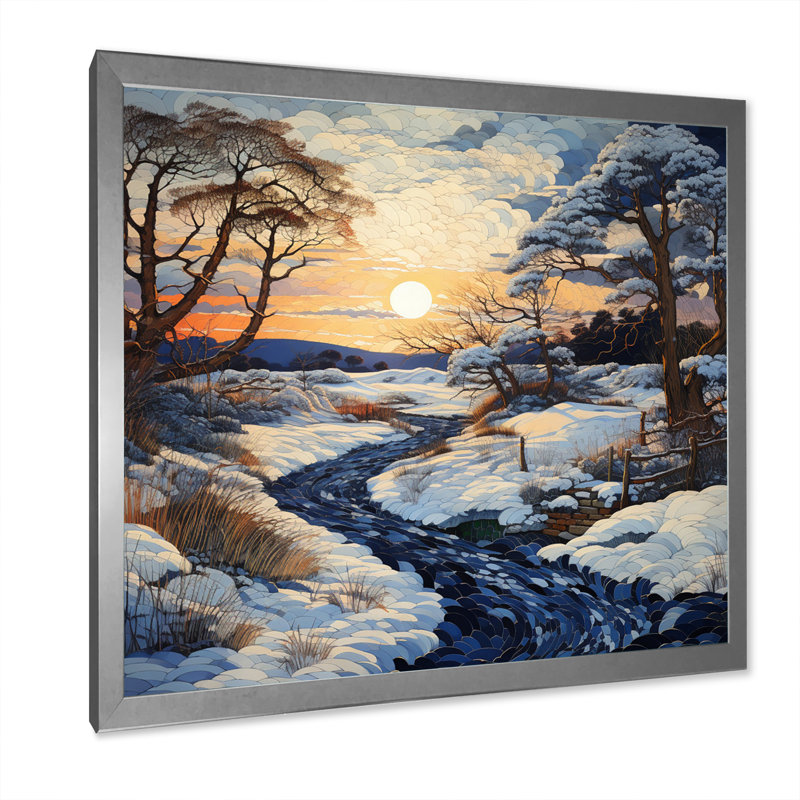 Snow Winters Sunset Solitude - Landscapes Canvas Wall Art, Cadre simple argenté, H 16 po x l 16 po x P 1 po
