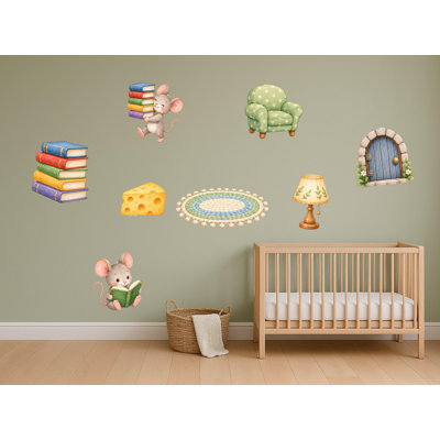 Reading Mouse Wall Decals, Set of 8 Educational Peel and Stick Wall Stickers, Classroom Playroom Decor, Kids Learning Wall Art, 20"W x 20"H (50 x 50 cm)