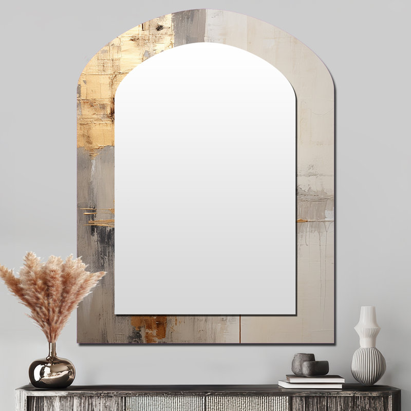 Or et beige Soft Fusion I - grand miroir asymétrique Pier, miroir mural décoratif en arche beige, impression d'art en métal
