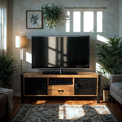 60'' Groove Mango Wood TV Stand with Drawer and Black Iron Frame