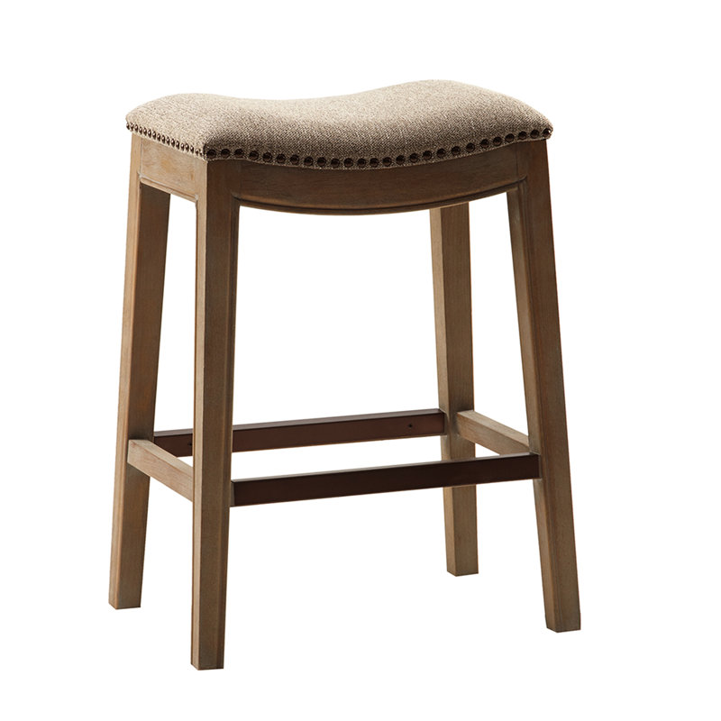 Tabouret de comptoir sans dossier avec garniture cloutée en cuivre et plaque de protection en métal, Lin lin