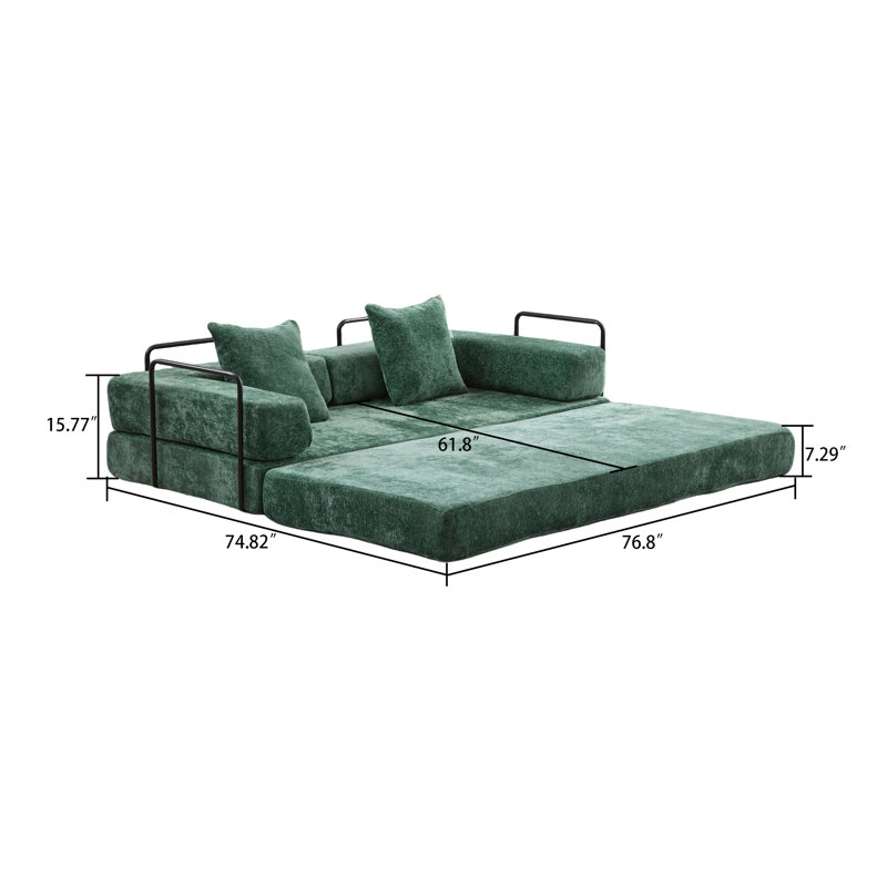 Canapé-lit convertible 2 places avec structure extérieure en métal Modern Minimalist, Chenille vert foncé