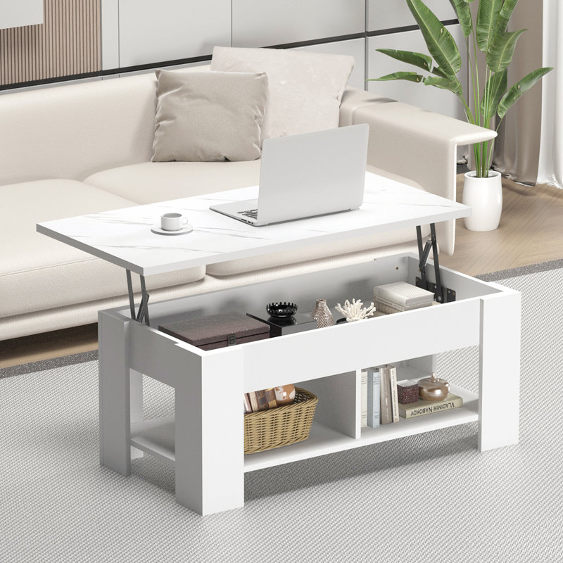 Sparta Lift Top Extendable Coffee Table With Storage, White Marble