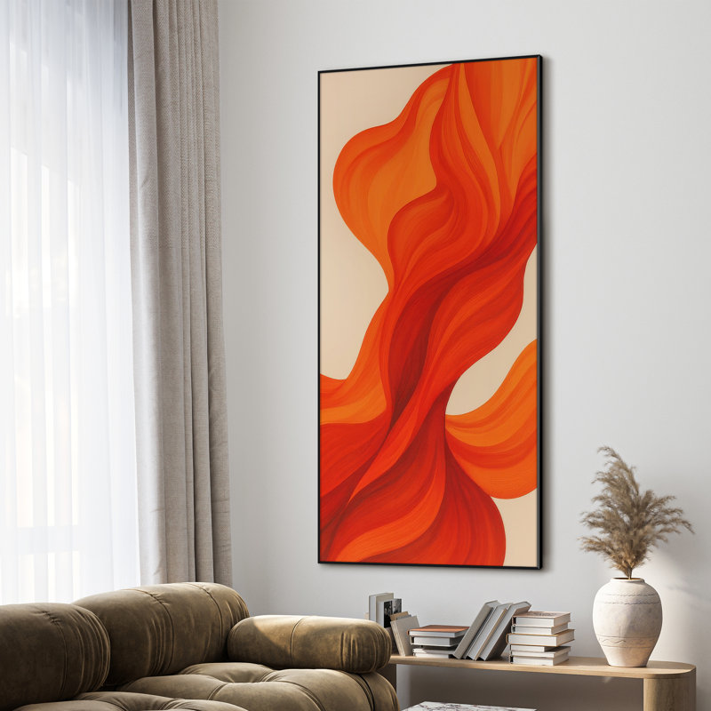 Extra Large Wall Art Fabric Print - Abstract Ribbon Art Vibrant Orange Toned Flowing Pattern Contemporary Artwork Decor for Living Room or Bedroom - "Frame Assembly Required (Unfinished Frame)"