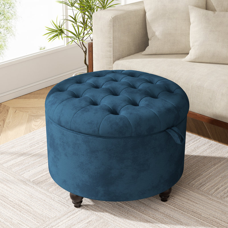 Button-Designed Upholstered Ottoman With Storage, Blue