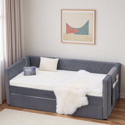 Diamond Grid Velvet Daybed With Usb Charging, Side Pocket And Trundle