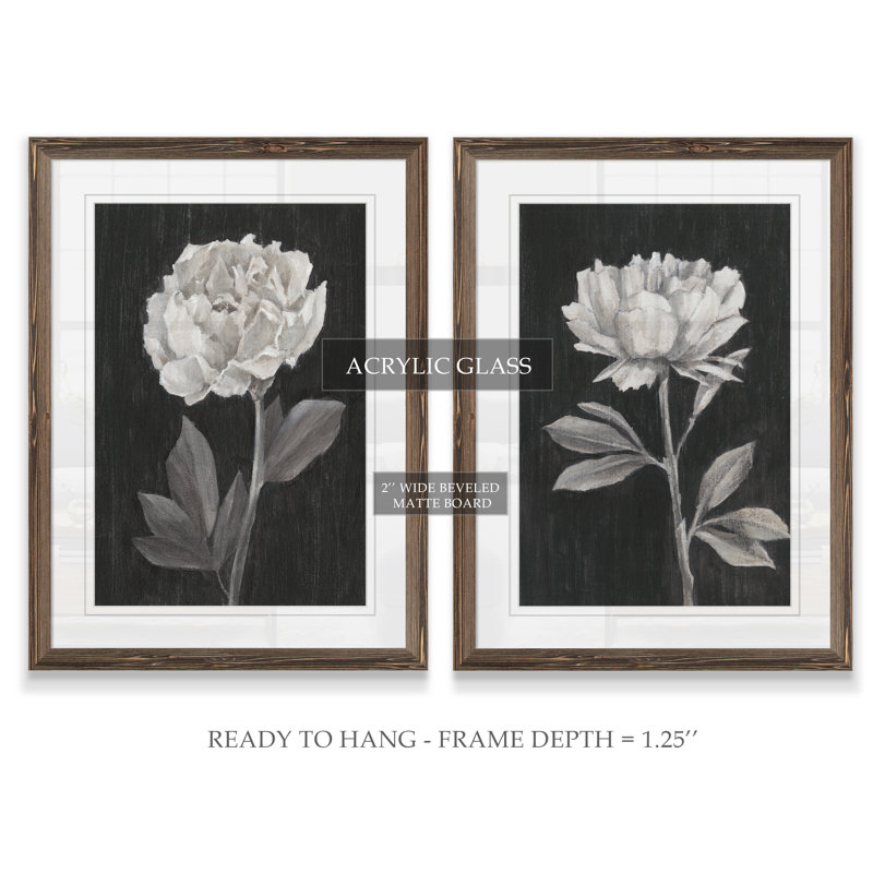«Black and White Flowers III», ensemble de 2 reproductions d'art encadrées, H 20 po x l 32 po, Érable