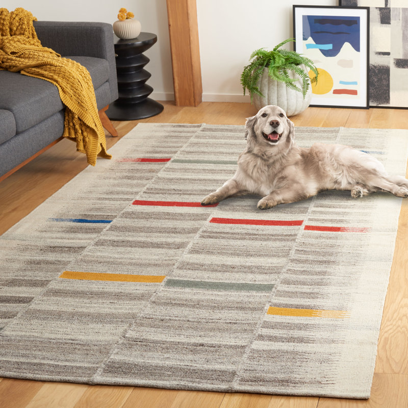 Tapis en laine et coton Kilim tissé à plat en ivoire / gris, Rectangle 5 pi x 8 pi