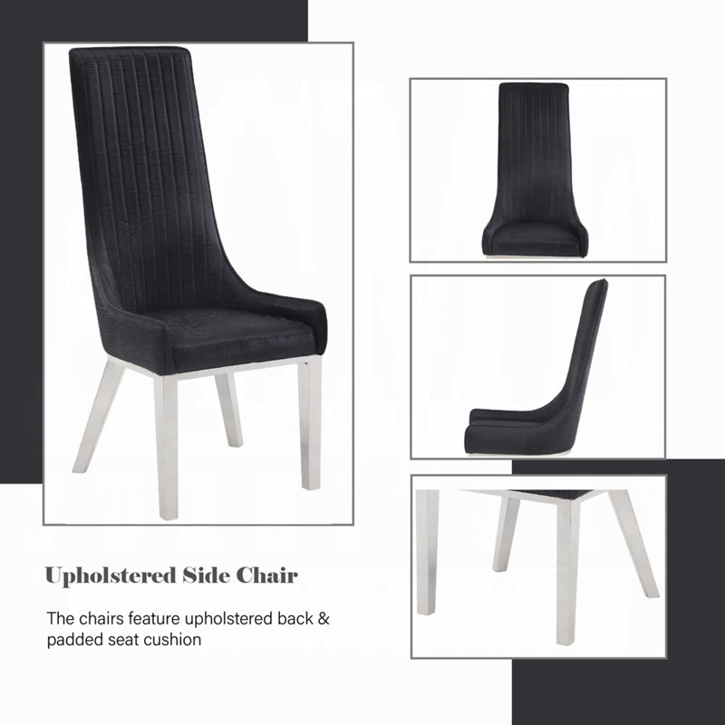 Gianna High Back Black Faux Leather Side Chair with Stainless Steel Legs
