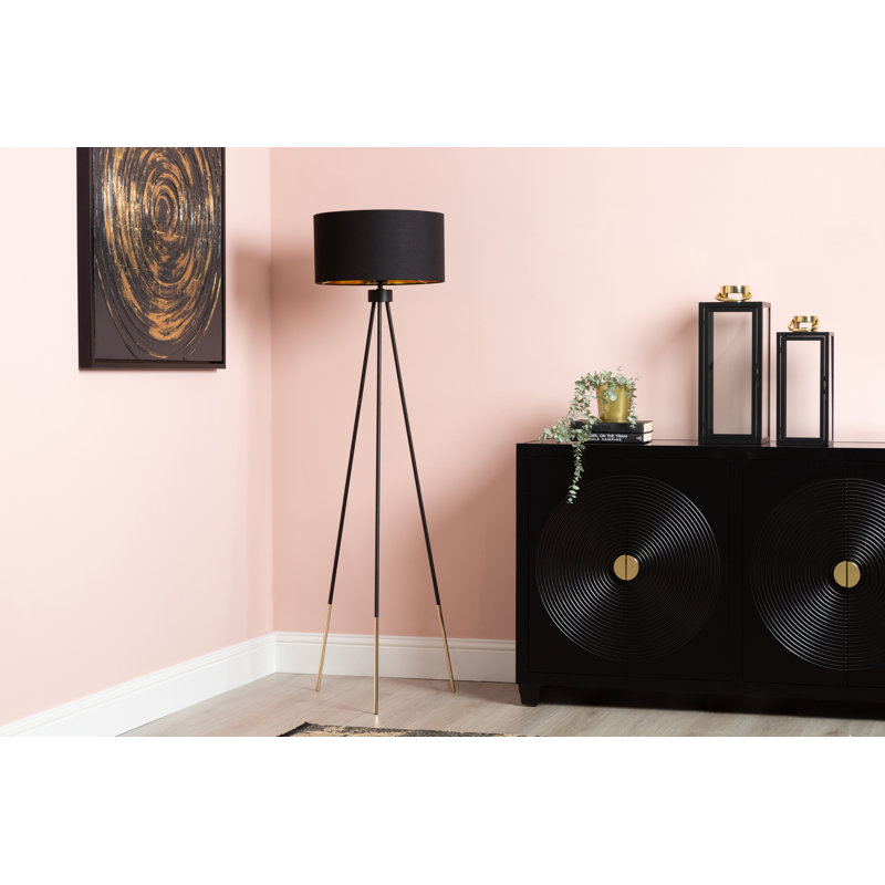 159cm Living Room Floor Lamp with Metal Base, Tripod Lamp with Linen Shade, Black, Black/Gold